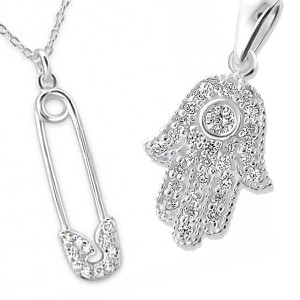 Sterling Silver Safety Pin And Hamsa pendants