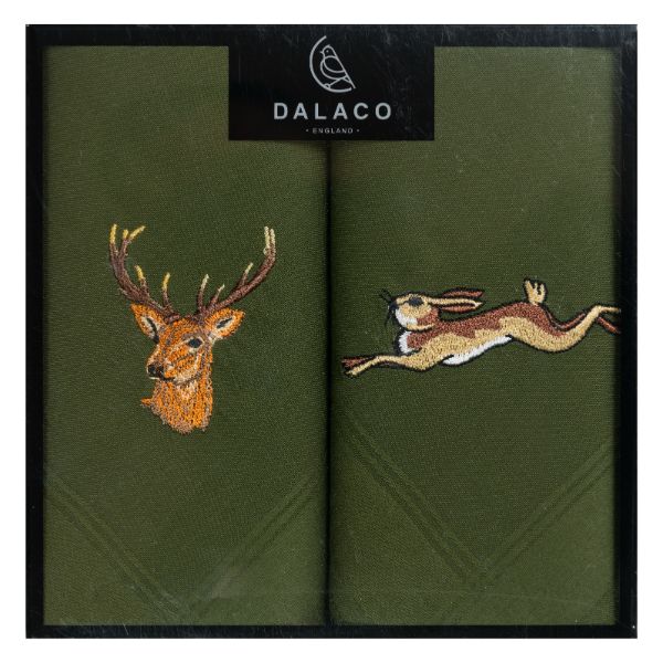 Stag & Hare Embroidered Green Cotton Handkerchief