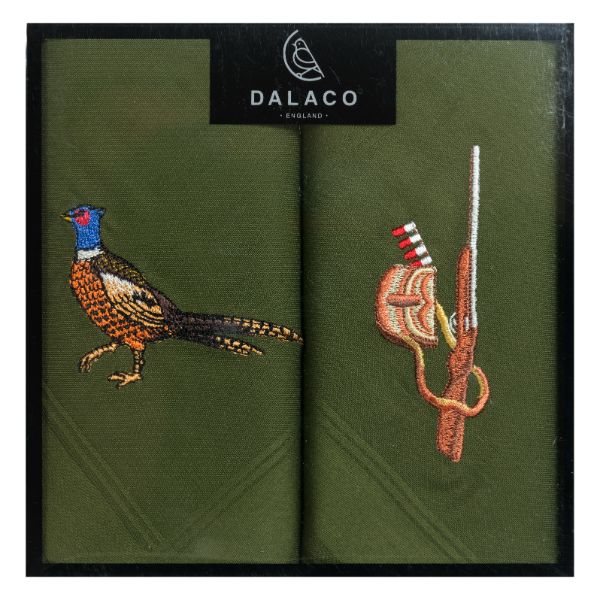 Pheasant & Gun Embroidered Green Cotton Handkerchief