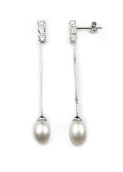 CZ Dazzle Long Pearl Drop Earrings
